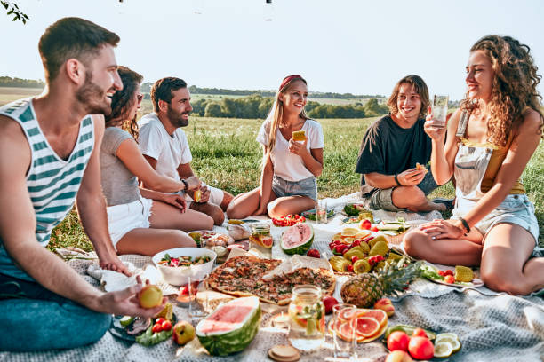 Group of young attractive friends having a picnic Group of young attractive friends having a picnic, sitting on a grey blanket on green grass picnic stock pictures, royalty-free photos & images