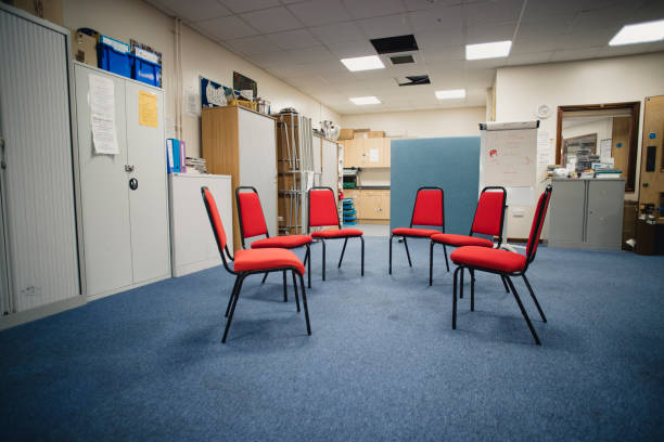 Group Therapy Room Rehabilitation centre room prepared for a group therapy session. drug use stock pictures, royalty-free photos & images