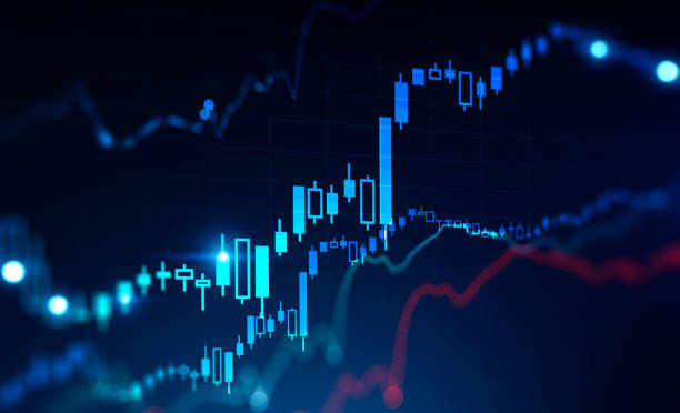 Growing digital graph, financial success Blurry growing digital graph over dark blue background. Concept of stock market and financial success. 3d rendering double exposure stock market chart stock pictures, royalty-free photos & images