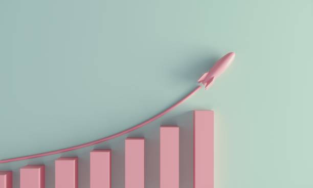 Growing Graph A pastel colored growing graph with rising rocket. (3d render) inflation economics stock pictures, royalty-free photos & images
