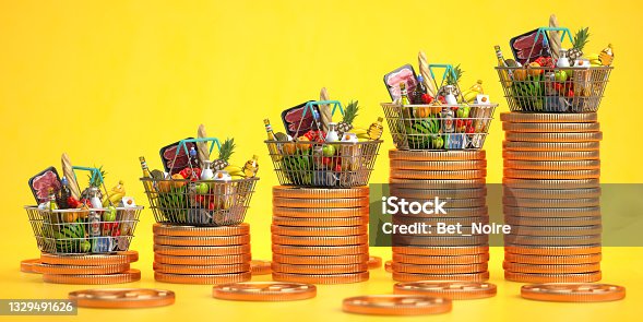 istock Growth of food sales or growth of market basket or consumer price index concept. Shopping basket with foods with coin stacks on yellow background. 1329491626