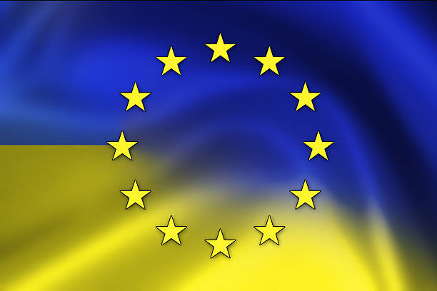 Grunge EU and Ukraine Flag Waving Ukraine and European Union Flag. Collage national dog show stock pictures, royalty-free photos & images