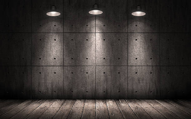 grunge industrial background illuminated ceiling lamps stock photo