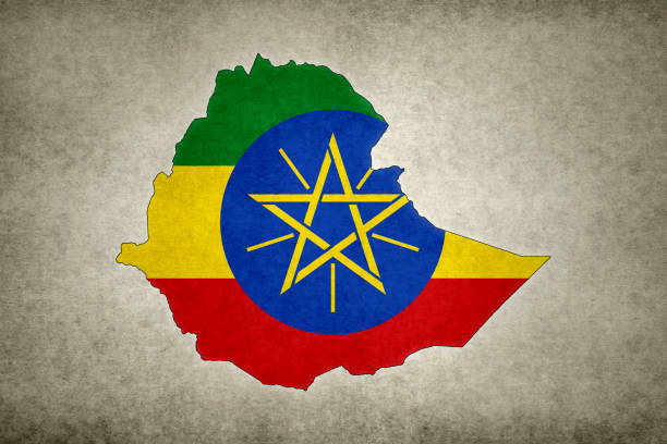 Grunge map of Ethiopia with its flag printed within stock photo