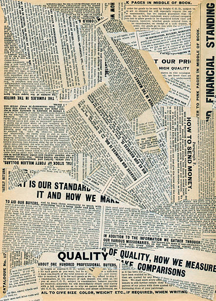 Grungy Newsprint "Collage of torn pages from an old, yellowed 1900 catalog." newspaper texture stock pictures, royalty-free photos & images