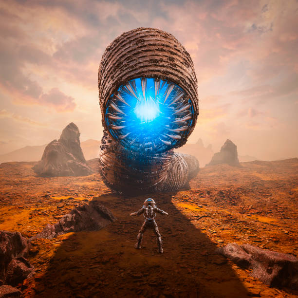 Guardian of the sands 3D illustration of science fiction scene showing astronaut encountering giant giant alien worm monster on desert planet worm stock pictures, royalty-free photos & images