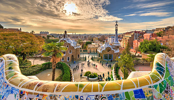 Guell Park in Barcelona A dream village in Barcelona designed by the architect Gaudi. antoni gaudí stock pictures, royalty-free photos & images