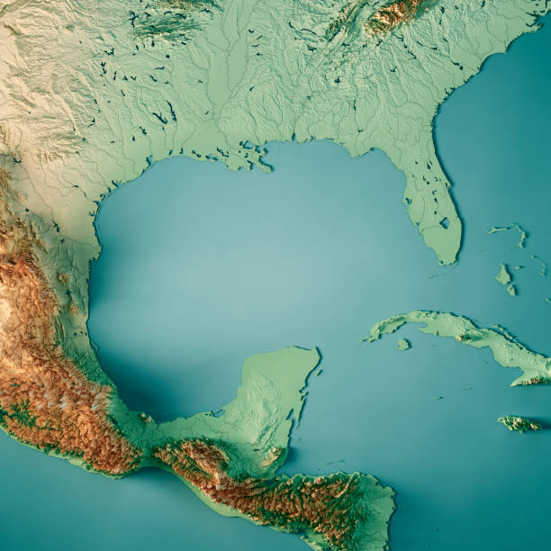 golf van mexico 3d render topografische kaart kleur - gulf coast states stockfoto's en -beelden