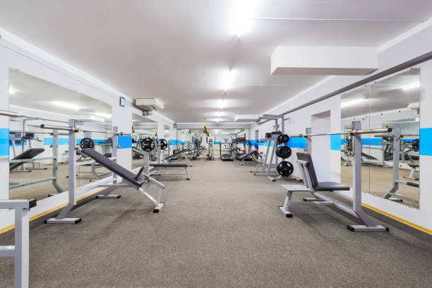 Gym interior with sports equipment. stock photo
