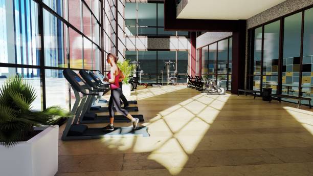 Gym with various exercise machines in it and people walking on treadmill. 3D Rendering stock photo