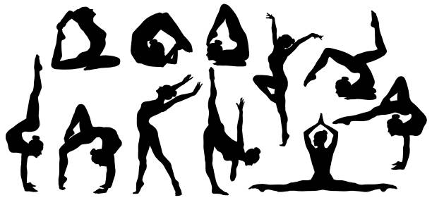 Gymnastics Poses Silhouette, Set of Flexible Gymnast Exercise, Acrobat Back Bend, Hand Stand Pose, People Shapes Gymnastics Poses Silhouette, Set of Flexible Gymnast Exercise, Acrobat Back Bend and Hand Stand Pose, People Shapes over White Background gymnastic silhouette stock pictures, royalty-free photos & images