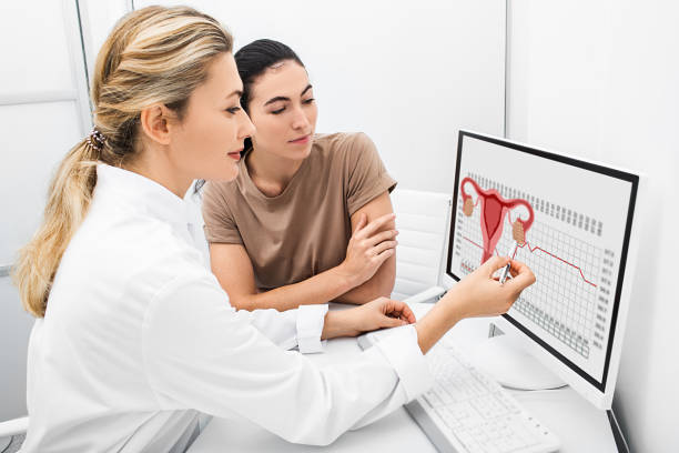gynecologist communicates with her patient, indicating the menstrual cycle on the monitor. The reproductive specialist calculated the period of ovulation for the patient  menstrual stock pictures, royalty-free photos & images