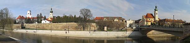 Gyor city centre from the river Raba in Hungary stock photo