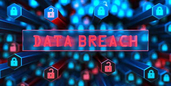 Hacker attack and data breach. Encryption your data. Digital Lock. Big data with encrypted computer code. Safe your data. Cyber internet security and privacy concept. Database storage 3d illustration
