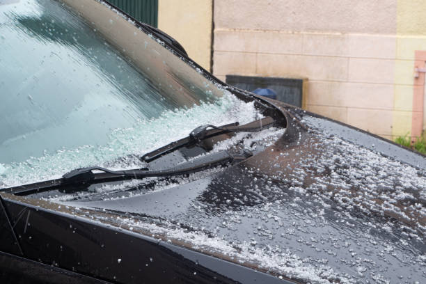 Hail on the windshield of a car stock photo