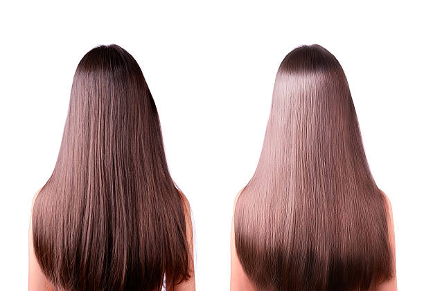 hair straightening before and after girl with long straight brown hair. rear view. hair straightening, before and after. two images in one photo. isolated on a white background. beautiful polish girls stock pictures, royalty-free photos & images
