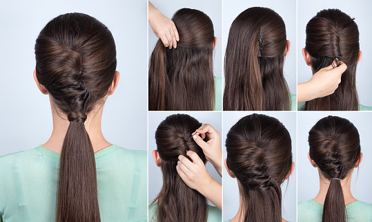 Hairstyle Ponytail With Twist Hair Tutorial Stockfoto Und
