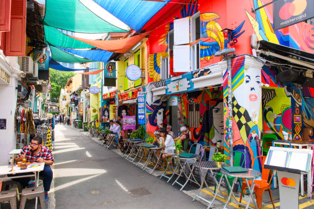 Haji Lane is the Kampong Glam quarter famous for its cafes, restaurants and shops stock photo