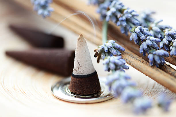 Half burned incense cone on metal circle with lavender stock photo