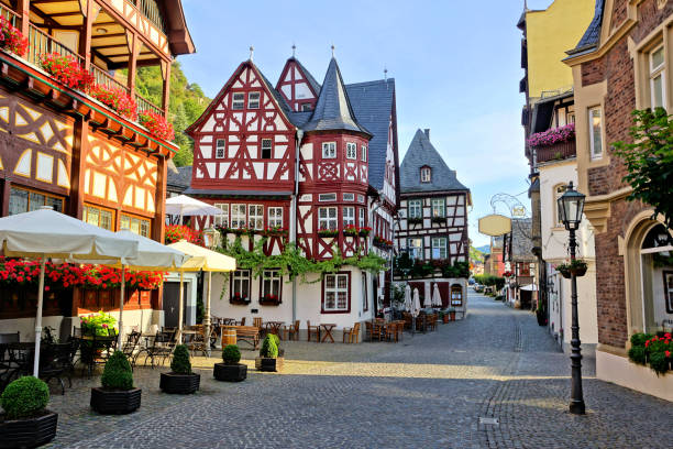 Half timbered buildings in the old village of Bacharach, Rhine region, Germany stock photo