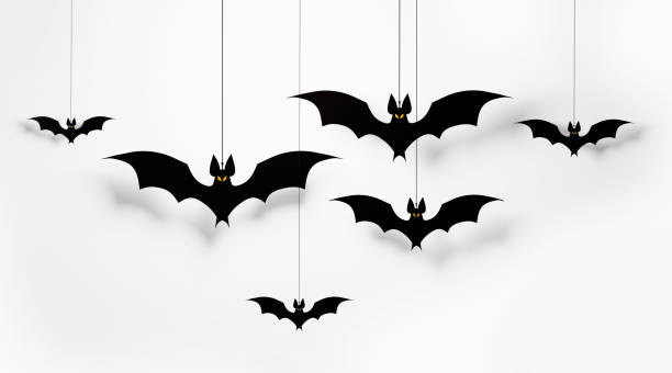 Cut out black bats flying on white background Horizontal composition with copy space. Halloween concept.