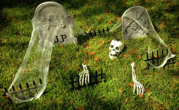 Halloween Decorations of a Skeleton with a Spider on Its Head Climbing Out of a Grave stock photo