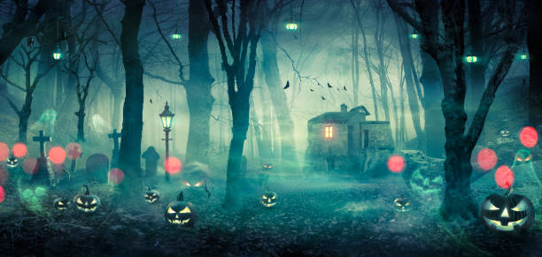 halloween - spukhaus im gruseligen wald bei nacht mit kürbissen und geistern - romolotavani stock-fotos und bilder