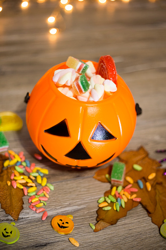 Halloween Jack O Lantern Pail Overflowing With Candy Stock Photo ...