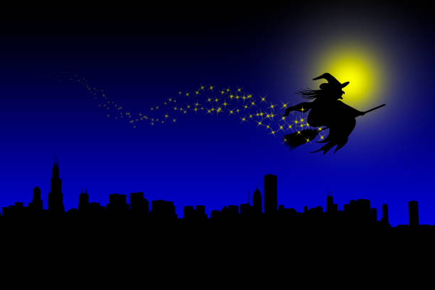 Halloween. Night witch with moon - 3D illustration stock photo