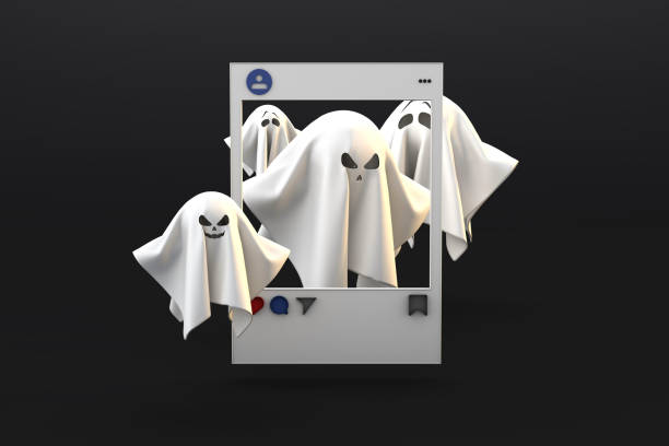 Halloween post for social media, ghosts on dark background stock photo