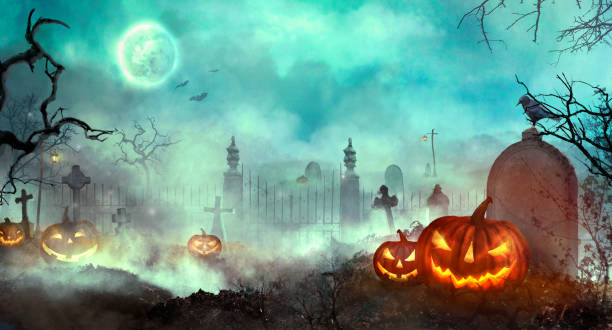 Halloween pumpkins on the graveyard Halloween pumpkins on the graveyard. Halloween design with Jack O' Lantern cemetery photos stock pictures, royalty-free photos & images