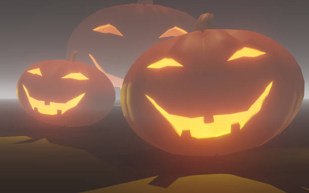 Halloween scary jack o lanterns and fog stock photo
