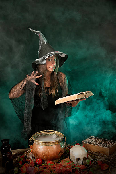 Halloween withch on smoky green and purple background stock photo