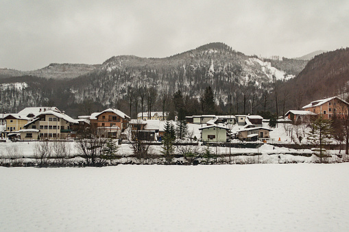 Winter landscape in UNESCO site Hallstatt Austria, heritage town beautiful landscape