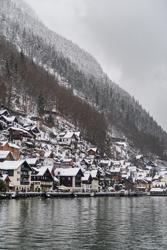 Winter landscape in UNESCO site Hallstatt Austria, heritage town beautiful landscape