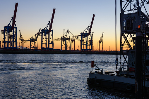 Loaded cargo ship on river Elbe at Hamburg, Germany.