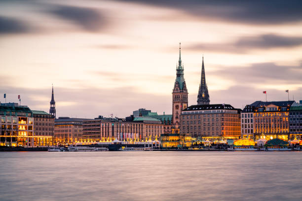 Hamburg town hall and Alster Lake with Christmas market stock photo