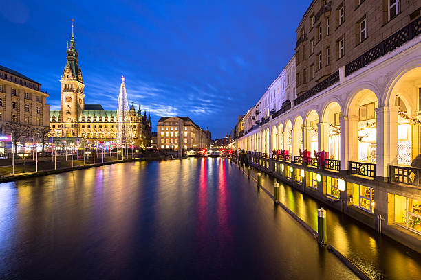 Hamburg town hall at christmas time stock photo