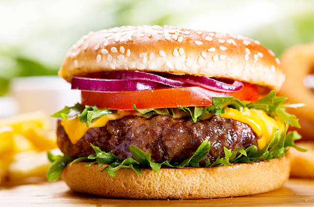 hamburger with fries - hamburger stockfoto's en -beelden