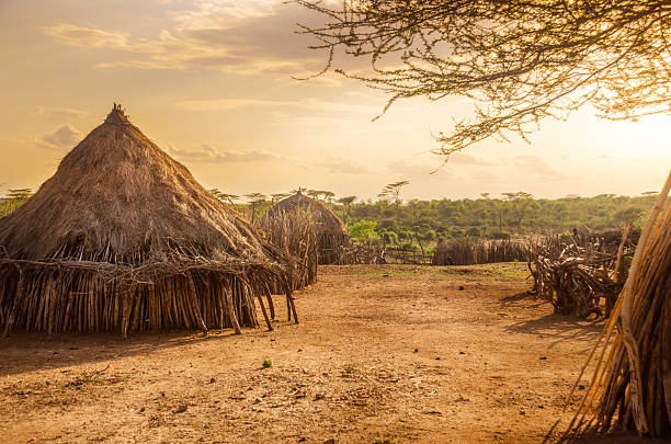 Hamer village near Turmi, Ethiopia Africa, Ethiopia, huts in a Hamer village in the sunset light village stock pictures, royalty-free photos & images