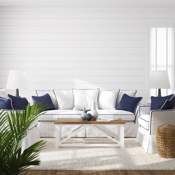 Hampton style living room interior, wall mockup Hampton style living room interior, wall mockup, 3d render coastal feature stock pictures, royalty-free photos & images