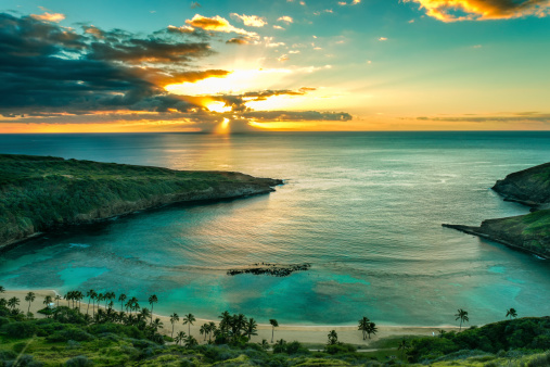 The Hulopoe Beach, a scenic legendary site on the island of Lanai in Hawaii.