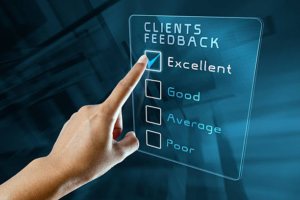 hand clicking online survey on virtual screen interface stock photo