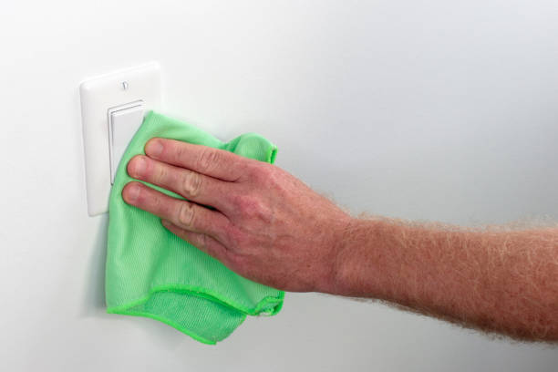Hand Dusting and Cleaning Flat Light Switch Panel stock photo