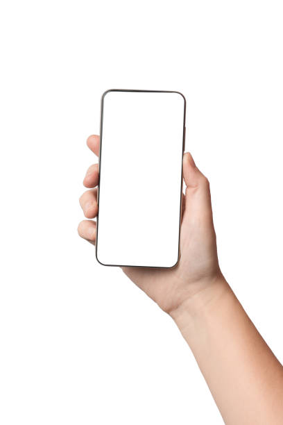 Hand girl holding a modern smartphone with a blank screen. Isolated on white background. stock photo