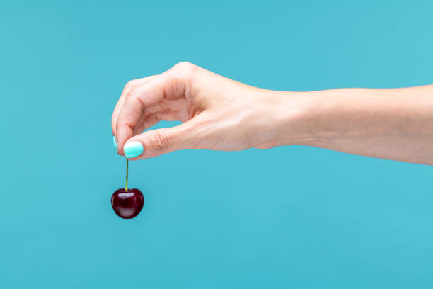Hand holding a cherry isolated on blue background stock photo