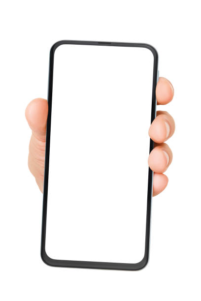 téléphone portable de fixation de main avec l'écran vide d'isolement sur le blanc - hands man photos et images de collection