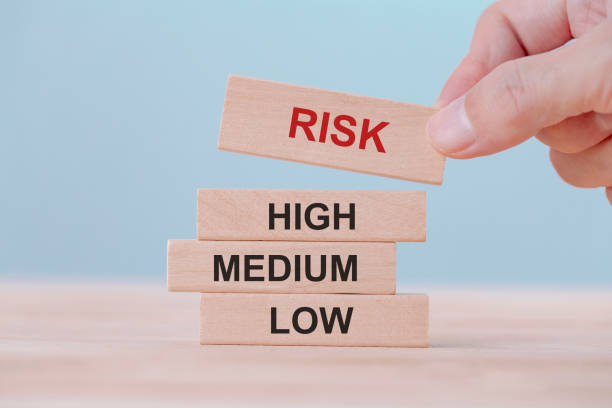 hand holding kiest houten blok blokjes met risico woord. risicomanagement concept. - risk stockfoto's en -beelden