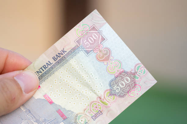 Hand holding Currency of the United Arab Emirates (UAE) - Close up of a purple five hundred Dirham note  on a blurred background. stock photo