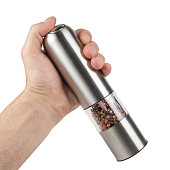 istock Hand holding modern silver pepper grinder 1302077138